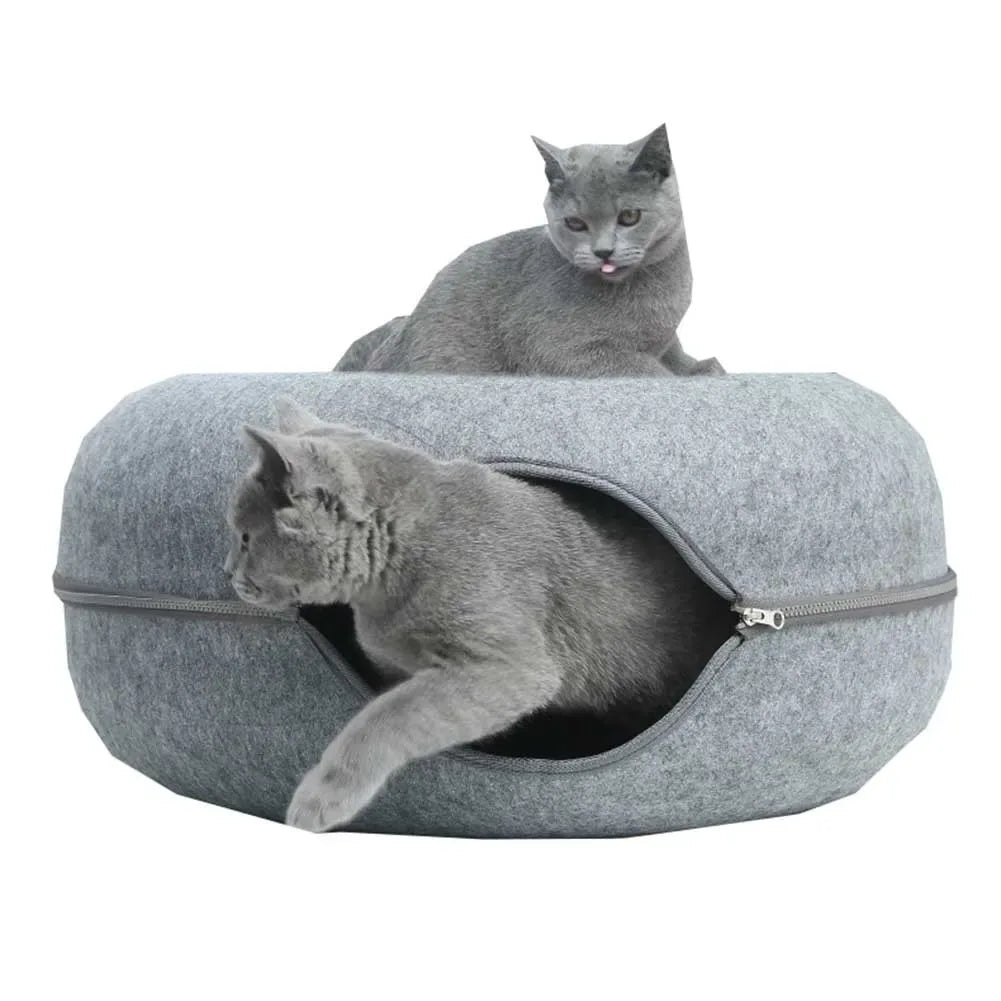 Interactieve donutvormige kattenmand van wolvilt met ademend ontwerp voor spelen en rusten - Ruffy