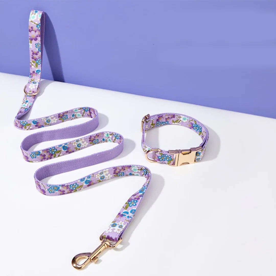 Gepersonaliseerde Gegraveerde Halsband en Leiband Set Duurzaam Katoenen Verstelbare Halsband met Beveiligde ID Label Paars XS-XL - Ruffy