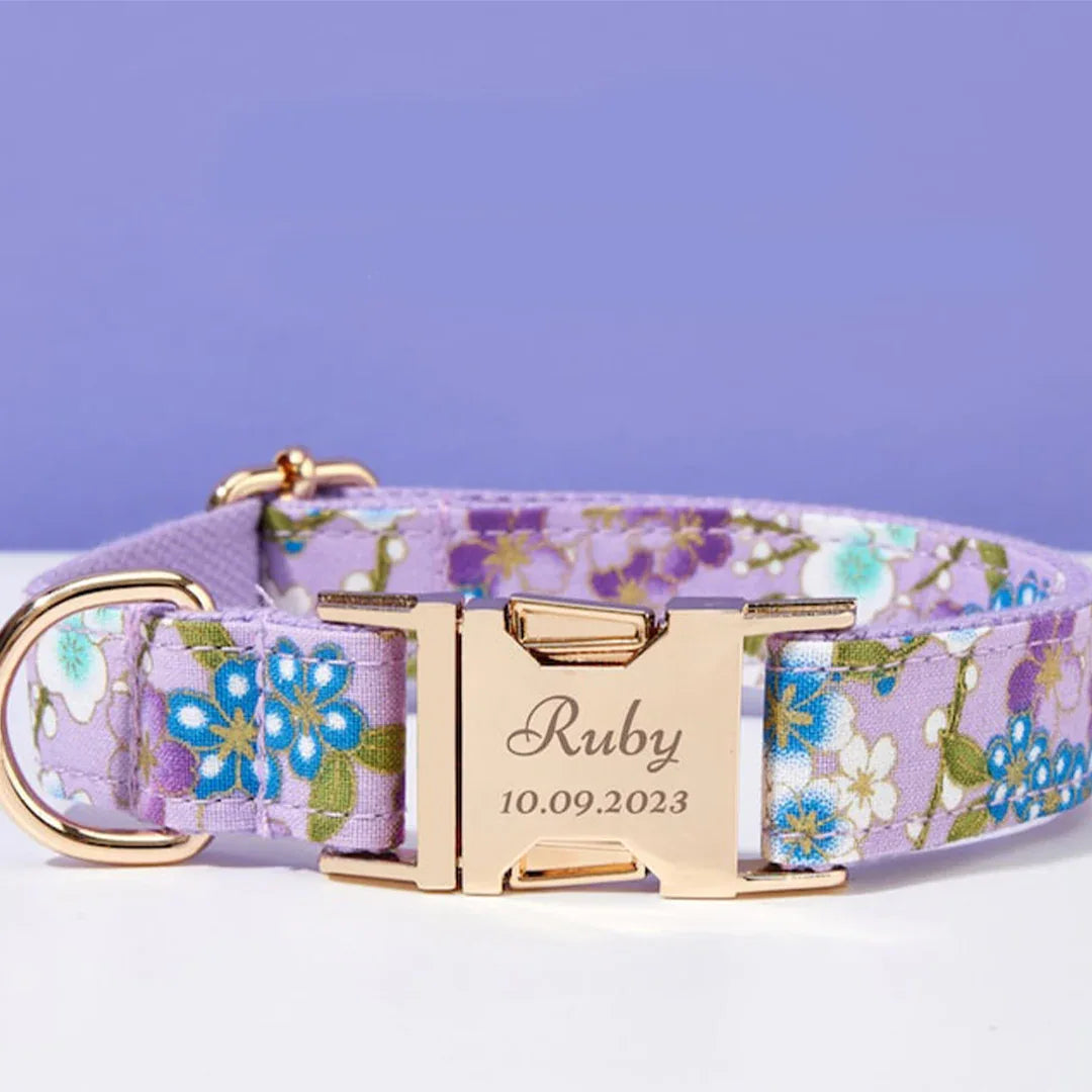Gepersonaliseerde Gegraveerde Halsband en Leiband Set Duurzaam Katoenen Verstelbare Halsband met Beveiligde ID Label Paars XS-XL - Ruffy