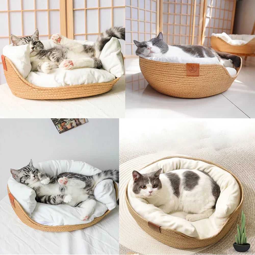 Gezellig bamboe rieten kattenbed – 100% katoen met afneembaar kussen - Ruffy
