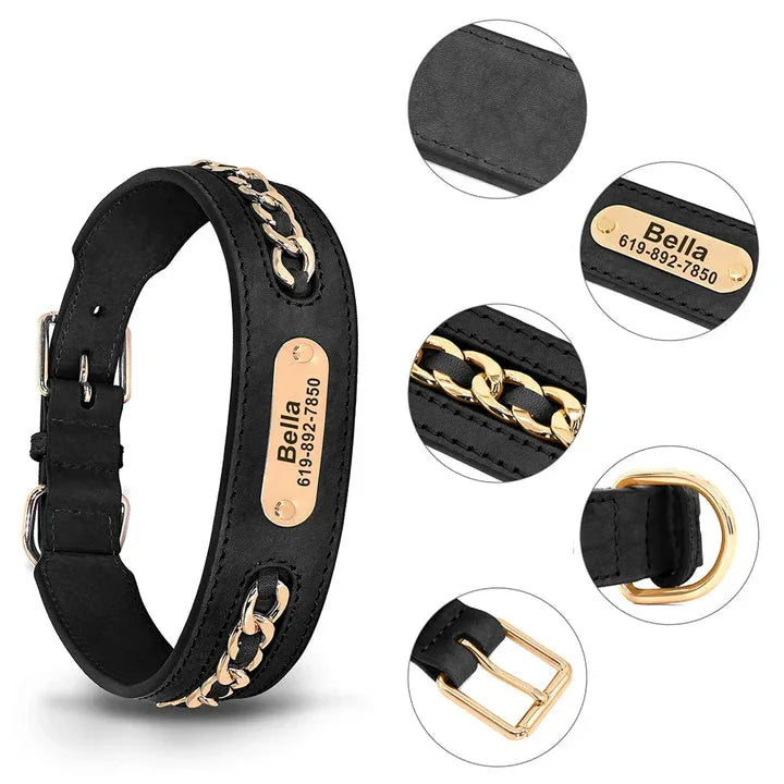 Gepersonaliseerde leren halsband met gegraveerd roestvrijstalen naamplaatje – Duurzaam en comfortabel - Ruffy