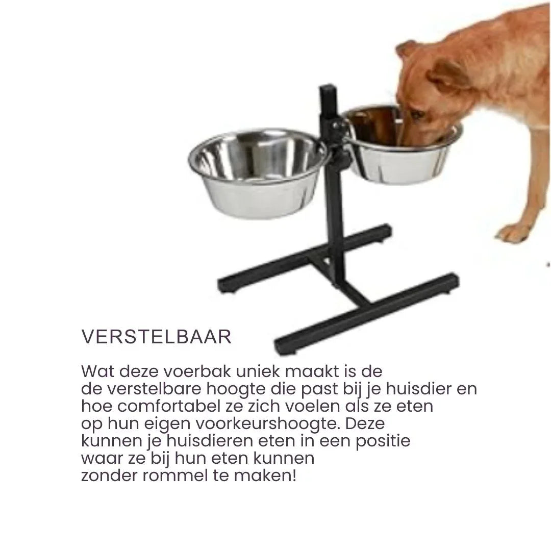 In Hoogte Verstelbaar Voederstation met Roestvrijstalen Dubbele Kommen 17,5cm Kommen Standaard 28cm Hoog - Ruffy