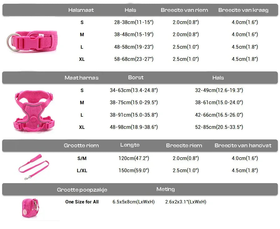 Complete hondenset Harnas Halsband Leiband en Poepzakhouder Verstelbaar en Stijlvol - Ruffy