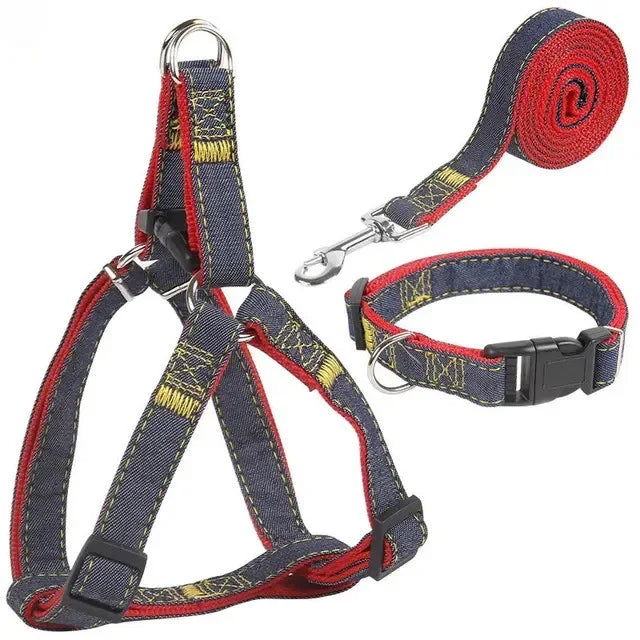 Cowboy Hondenriem en Borstriem Set Duurzaam Denim Met Reflecterend Ontwerp - Ruffy