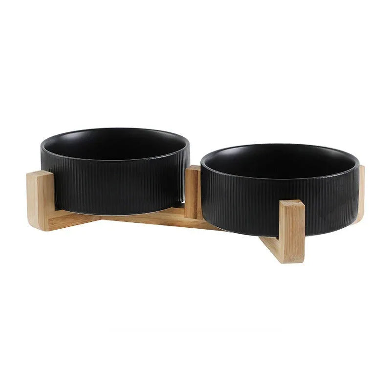 Verhoogde Huisdier Voerbak Set | Antislip Houten Standaard | 2 Afneembare Keramische Bakken - Ruffy