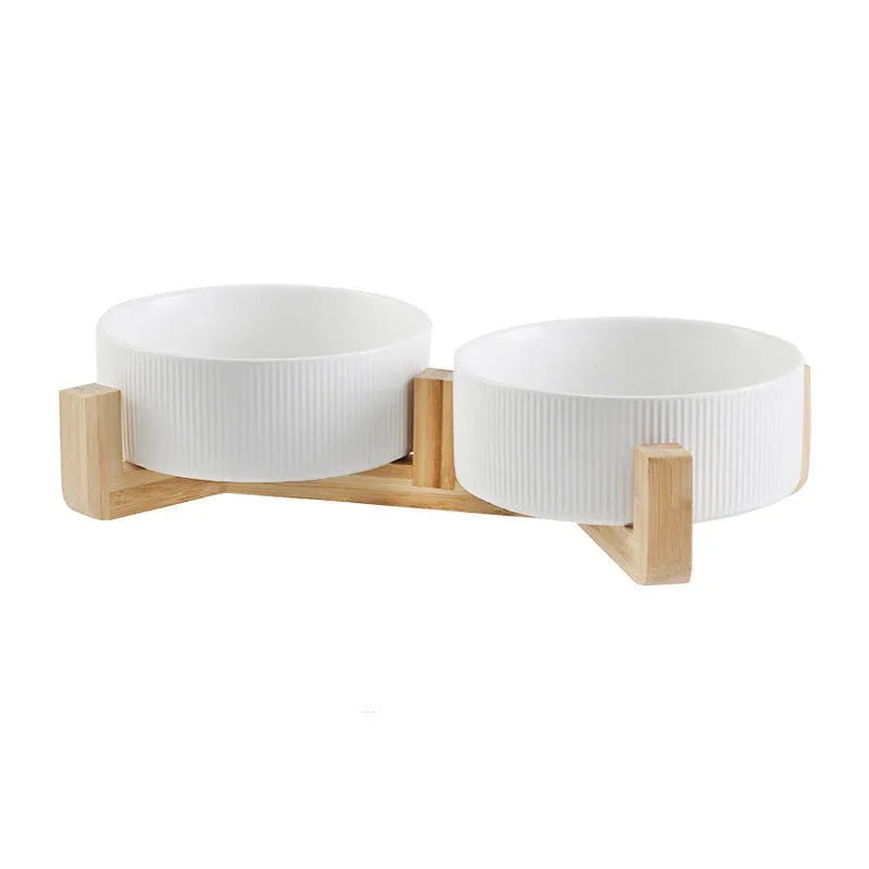 Verhoogde Huisdier Voerbak Set | Antislip Houten Standaard | 2 Afneembare Keramische Bakken - Ruffy