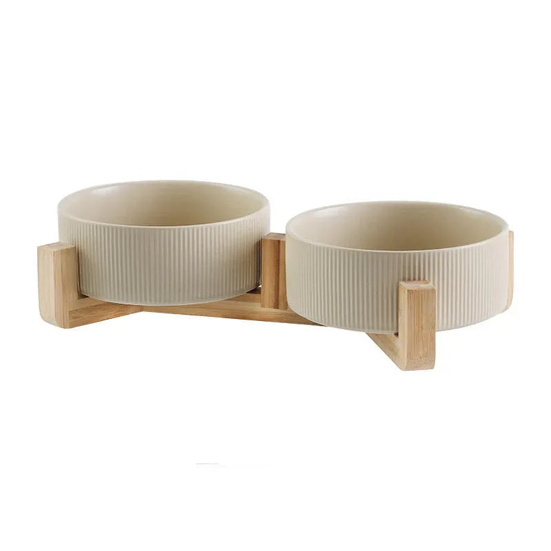 Verhoogde Huisdier Voerbak Set | Antislip Houten Standaard | 2 Afneembare Keramische Bakken - Ruffy