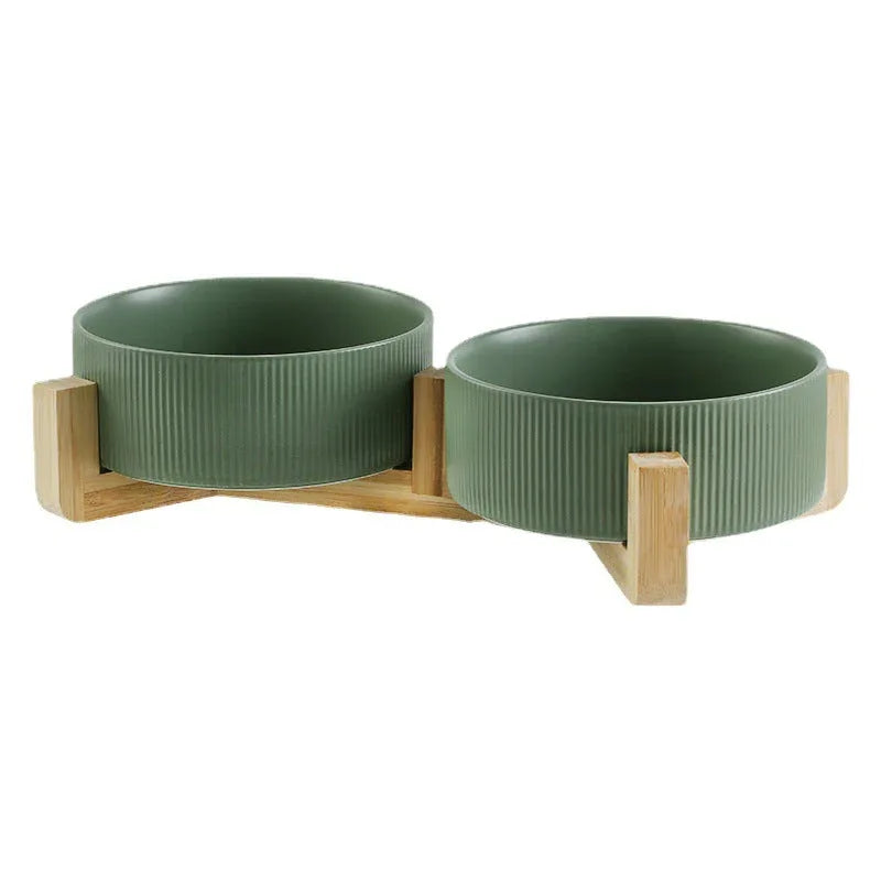 Verhoogde Huisdier Voerbak Set | Antislip Houten Standaard | 2 Afneembare Keramische Bakken - Ruffy