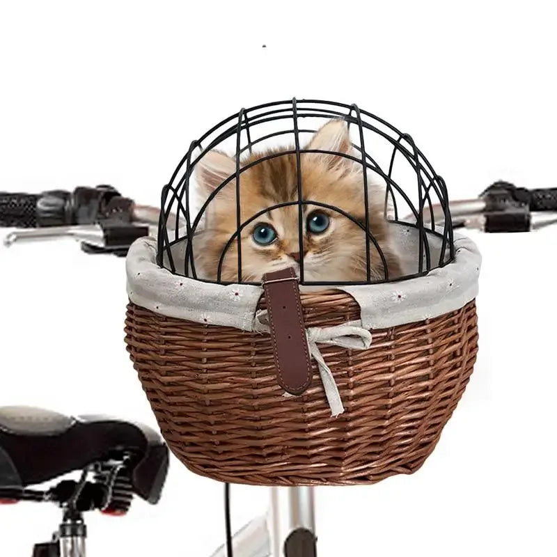 Mobiele fietsmand voor huisdieren Geweven rieten mand met gaasdeksel in stijlvol bruin - Ruffy