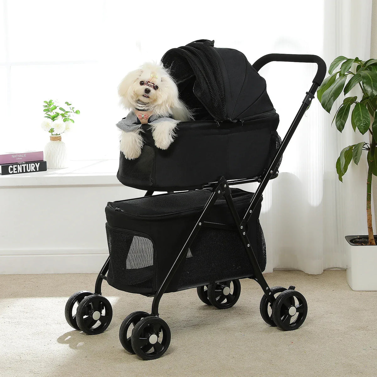 Lichtgewicht opvouwbare kinderwagen voor huisdieren met 360° draaibare wielen en opbergruimte - Ruffy