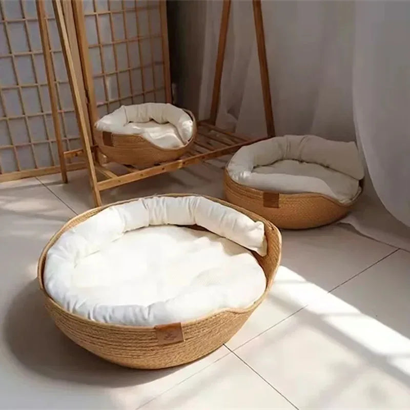 Gezellig bamboe rieten kattenbed – 100% katoen met afneembaar kussen - Ruffy