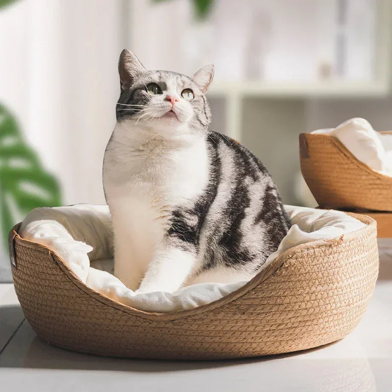 Gezellig bamboe rieten kattenbed – 100% katoen met afneembaar kussen - Ruffy