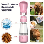 Dubbele Reisfles voor Honden Water en Voedsel Lekvrij en BPA-vrij met Drukknop en Karabijnhaak - Ruffy