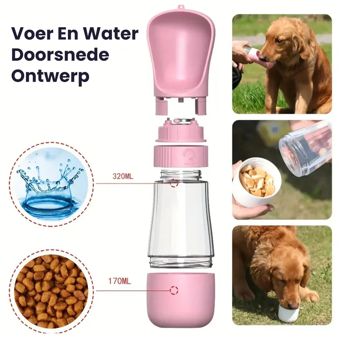 Dubbele Reisfles voor Honden Water en Voedsel Lekvrij en BPA-vrij met Drukknop en Karabijnhaak - Ruffy